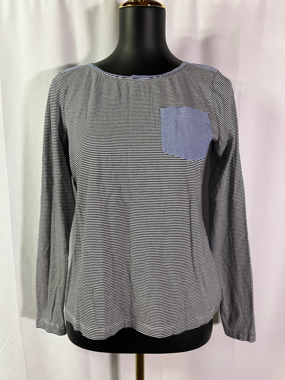 Brooks Brothers Black & White Striped Chambray Accent Long Sleeve Round Neck Top
